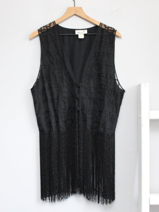 Vintage Tops - Sam's Fashion Vintage 90s Sheer Swirl Embroidery Fringe Hem Vest Size Large